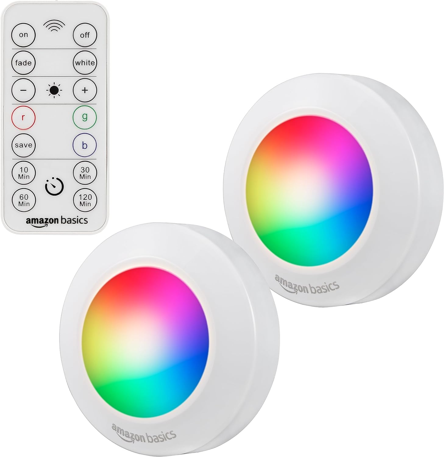 Amazon Basics LED Puck Lights, Color Changing, Battery Operated, IR Remote, 40 Lumens, 2 Pack, Wireless Lights, Stick on Lights, Under Cabinet Lighting, Ideal for Closets, and More, White. Color-changing LED puck provides multiple modes, single colors, dimmable white light and timers. Use IR remote from up to 25 feet away to use modes and features; push on the lens to easily turn the puck light on or off. Mount using screws or double-sided tape for installations; (tape is included). Powered by 3 AAA batteries (per light) for long-lasting and wire-free operation (batteries not included). IR Remote powered by CR2032 batteries (included). Product Dimensions: 2.7 x 2.7 x 1 inches (WxHxD)