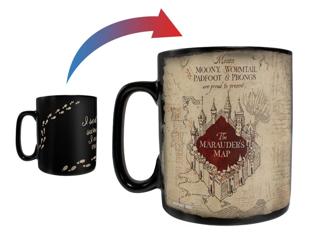 Morphing Mugs Harry Potter - Marauder's Map - I Solemnly Swear – 16 oz Large Ceramic Heat Sensitive Clue Mug – Full image revealed when HOT liquid is added. Do you know Hogwarts as well as Moony, Wormtail, Padfoot and Prongs do? If you solemnly swear you are up to no good, then this 16 oz color changing mug is for you! At room temperature, this mug appears to only have the Marauder's famous phrase and footprints. Add hot liquid to reveal their charmed map of Hogwarts! Mischief managed. We didn't use the Doubling Charm on this product! Images are to show the mug’s design from left to right. This listing is for one (1) ceramic mug. To preserve the mystical abilities of this mug, we recommend hand wash only. Not microwave safe. Trend Setters Ltd. creates a variety of officially licensed products from your favorite fandoms as well as hundreds of original designs. This product was designed and printed in the USA.