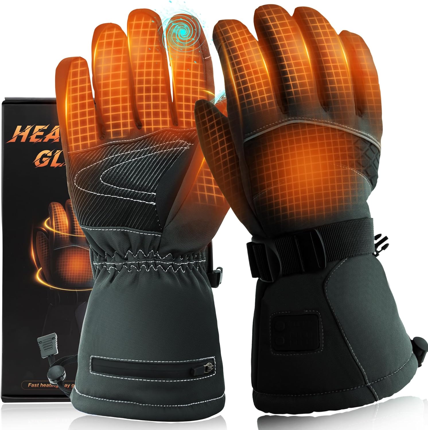 Heated Gloves,Heated Gloves for Men Women，7.4V3200 mAh Battery,Electric Gloves Heated Rechargeable, Waterproof/Windproof Heated Work Gloves, Ideal for Outdoor Work,Cycling, Skiing,Hiking. 【Upgraded Heated Gloves】The heated gloves for men/Women have been fully upgraded, Each finger and back of the hand inside the heated gloves is covered with upgraded heating wires, which heat up quickly in a few seconds. Windproof and waterproof electric heating gloves bring you a super comfortable wearing experience and keep your hands warm and dry in rain and snow.【Long-Lasting Warmth & 5 Heat Setting】：Heated gloves with 7.4V 3200mah rechargeable battery can last up to 7 hours of work after a full charge. Long press the power button to activate the heated gloves, 5 temperatures for you to choose, meet your needs in different weather，Low Temperature 113°F ~High Temperature 149°F，You can easily check the remaining power by using the power display on your motorcycle's heated glove.【Mens Winter Gloves With Touchscreen & Anti-slip PU Palm】The rechargeable heating gloves for men and women have screen touch function，it’s convenient for you to use mobile phone, iPad, tablet PC, car screen or any smart devices.Heated ski gloves’ soft leather palm and curved fingers ensure non-slip, strong, and flexible grips.Adjustable elasticated wrist strap and anti-lost buckle drawcord keeps wind out, and a convenient hook helps with storage.【Best Gift in Winter】Heated gloves for men and women can help people with poor blood circulation and Raynaud's disease, and are ideal for various outdoor sports in cold or cold winters, especially suitable for running, cycling, hiking, camping, mountain climbing, skating, skiing, snowboarding, Ice fishing, hunting, snow clearing, dog walking and more.It is the best gift for Christmas, Valentine's Day and other festivals. NOTE: Sizes are unisex.【What’s in Package】:1 pair of heated gloves/2*lithium battery/1*using manual/1*laundry bag/1*Charger ,and the heating effect of this heated gloves depends on the battery using,use the rechargeable li-ion batteries,the heating effect will be better.